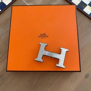 Hermes Authentic Belt Buckle Brushed Silver Excellent Cond w/leather rev belt
